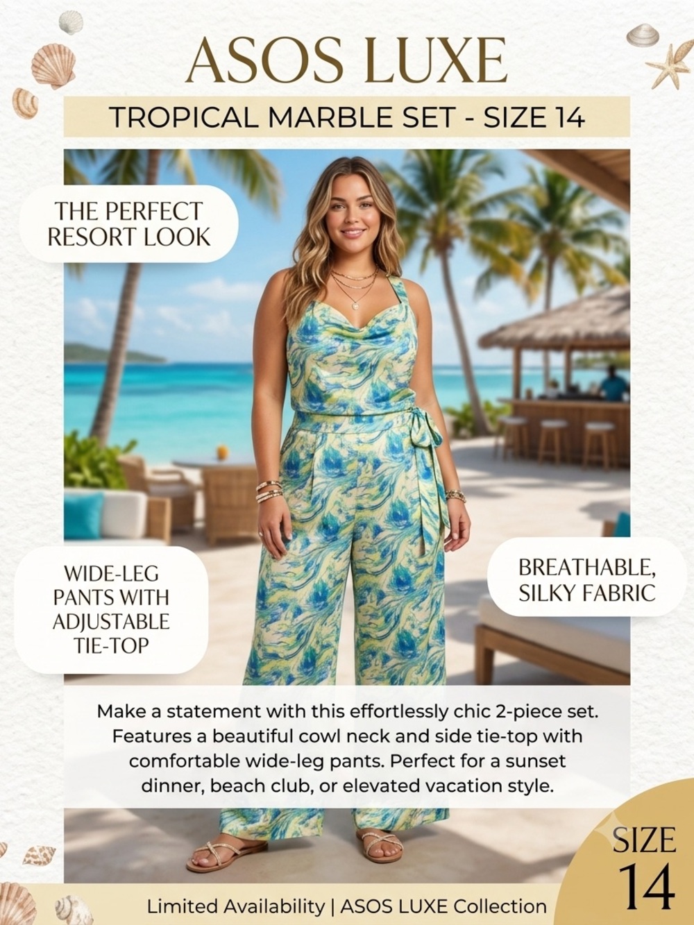 Tropical Marble Wide-Leg Pants & Tie-Top Set — Blue/Green